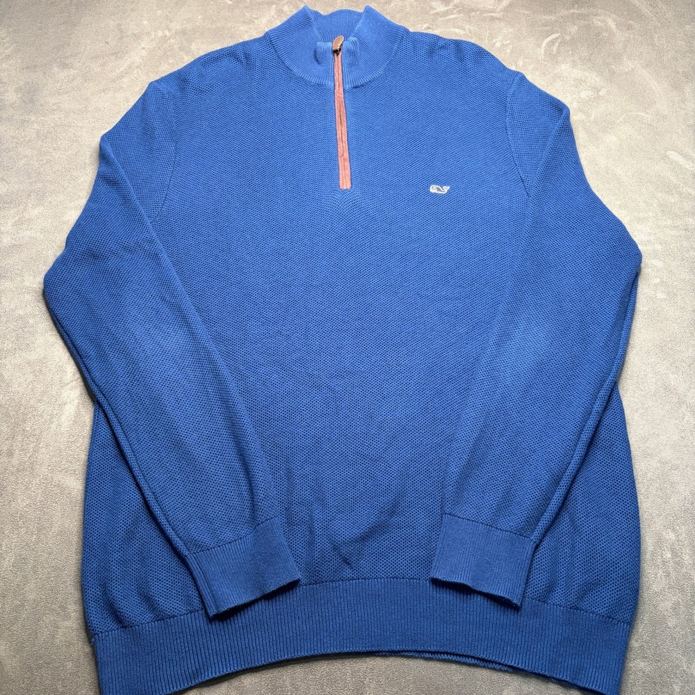 Vineyard Vines Quarter Zip Pullover Mens XL Blue Waffle Knit Cotton Blend Logo